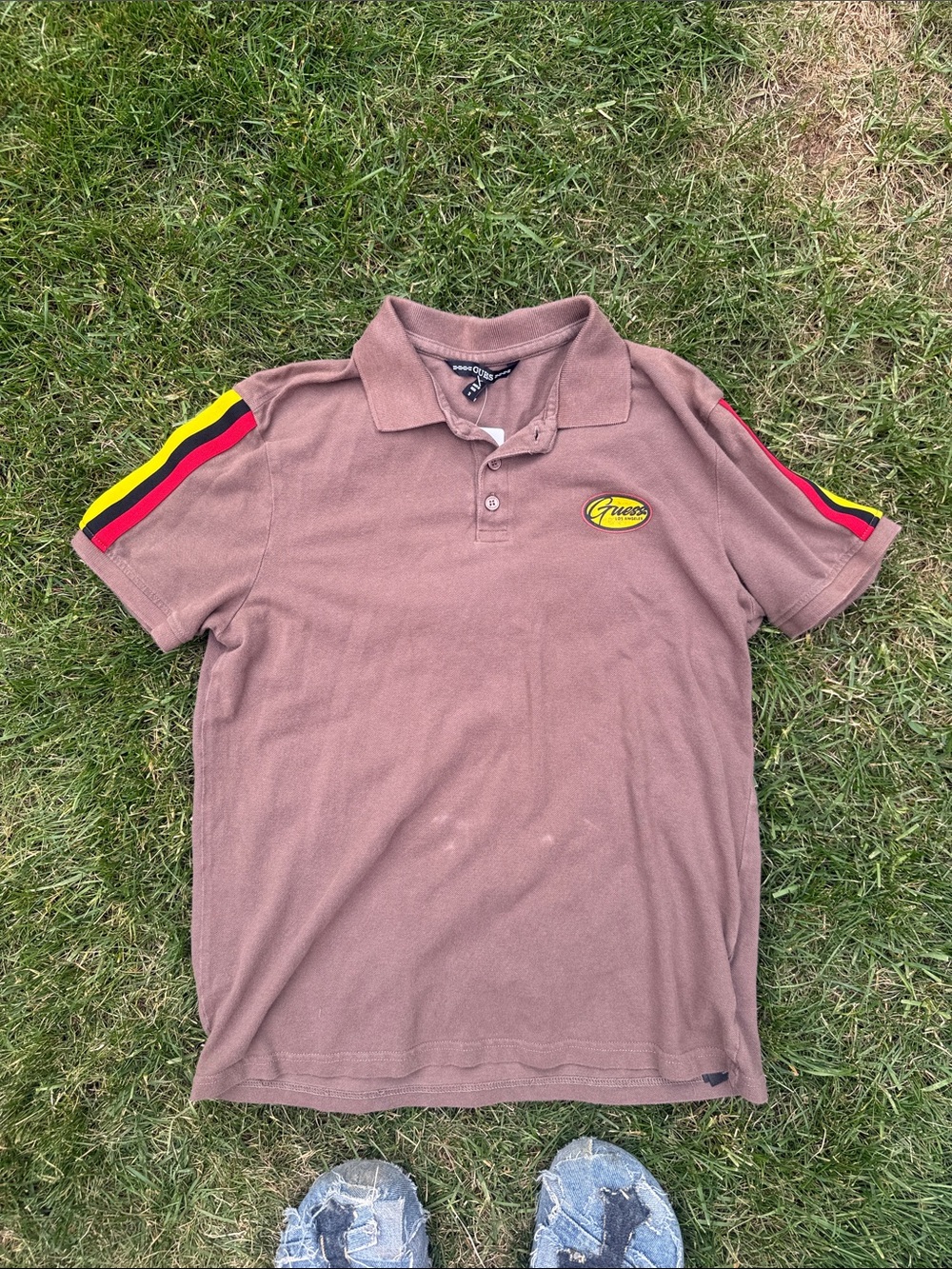 Guess Brown Polo with Red & Yellow Shoulder Stripes